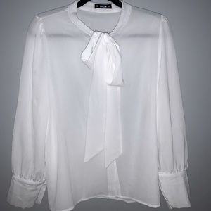 White Button-Up Blouse with Bow
